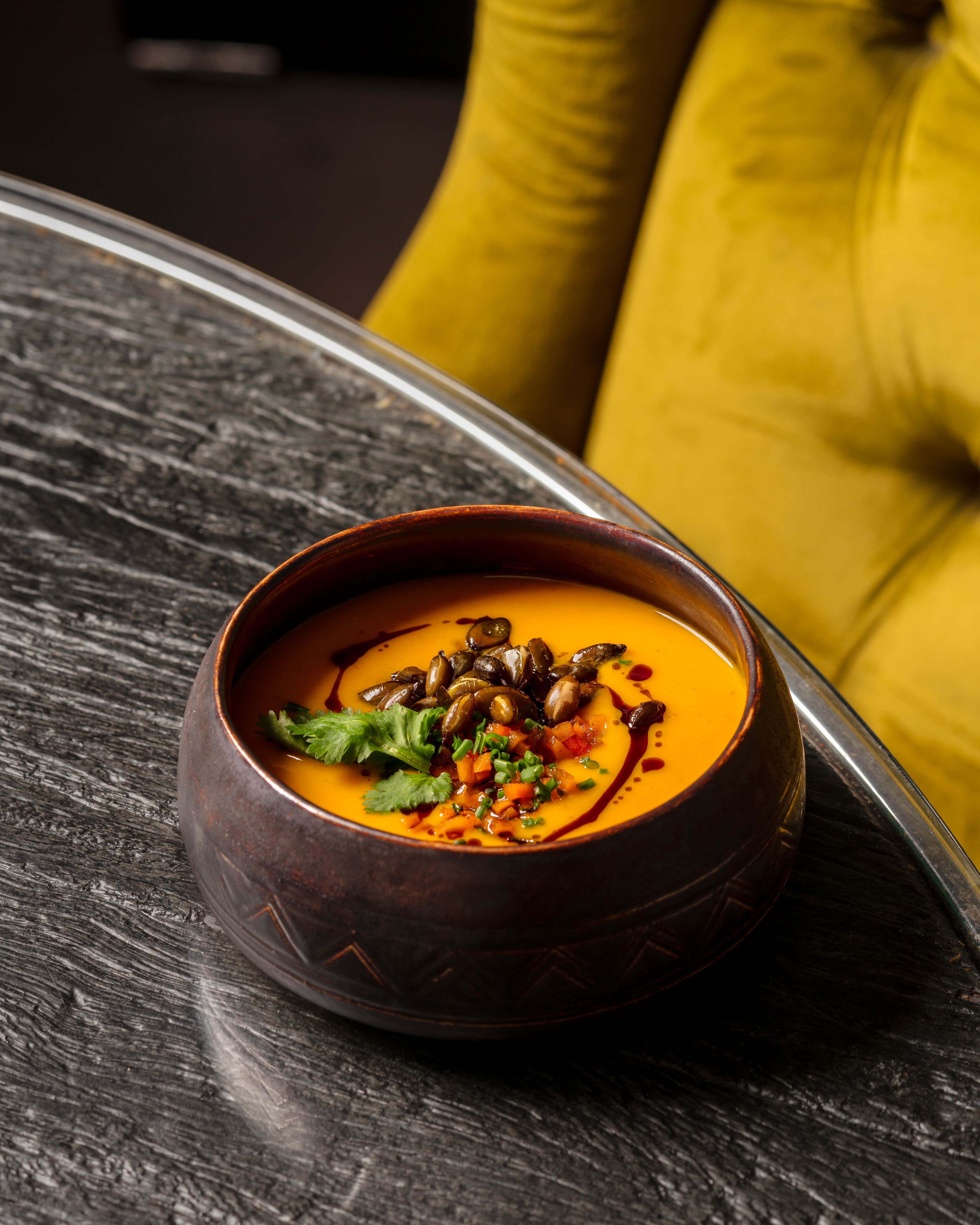 Soup bowl presentation from restaurant menu